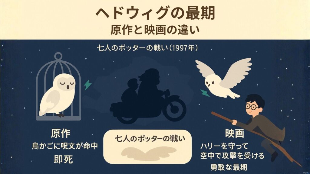 原作では鳥かごの中で呪文を受けて即死、映画ではハリーを守って空中で命を落とす。ヘドウィグの最期を一目で比較できる図解。